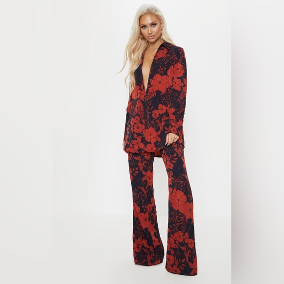 PrettyLittleThing Pants - Red Floral Palazzo Pants